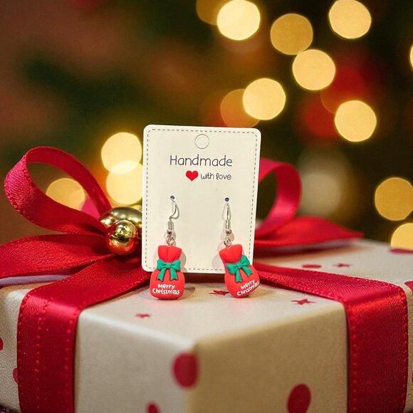 Handmade Christmas Gift Bag Earrings | Polymer Clay Holiday Jewelry - Picture 8 of 12